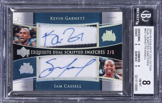 2004-05 UD "Exquisite Collection" Dual Scripted Swatches #GC Kevin Garnett/Sam Cassell Dual Signed Game Used Patch Card (#2/5) – BGS NM-MT 8/BGS 9